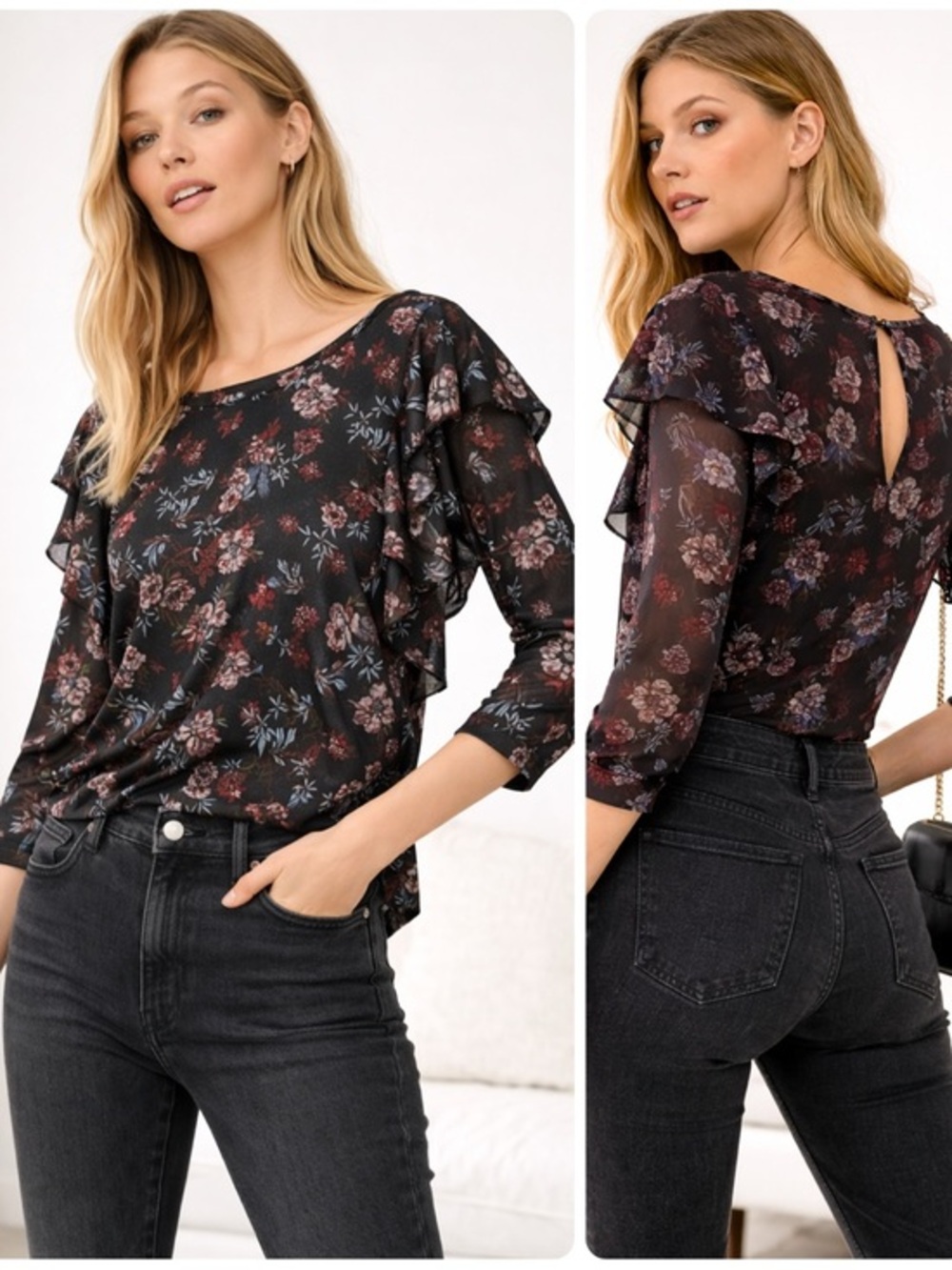 Free People Dock Street Black Floral Ruffle Blouse Boho Romantic Flowy Size Med